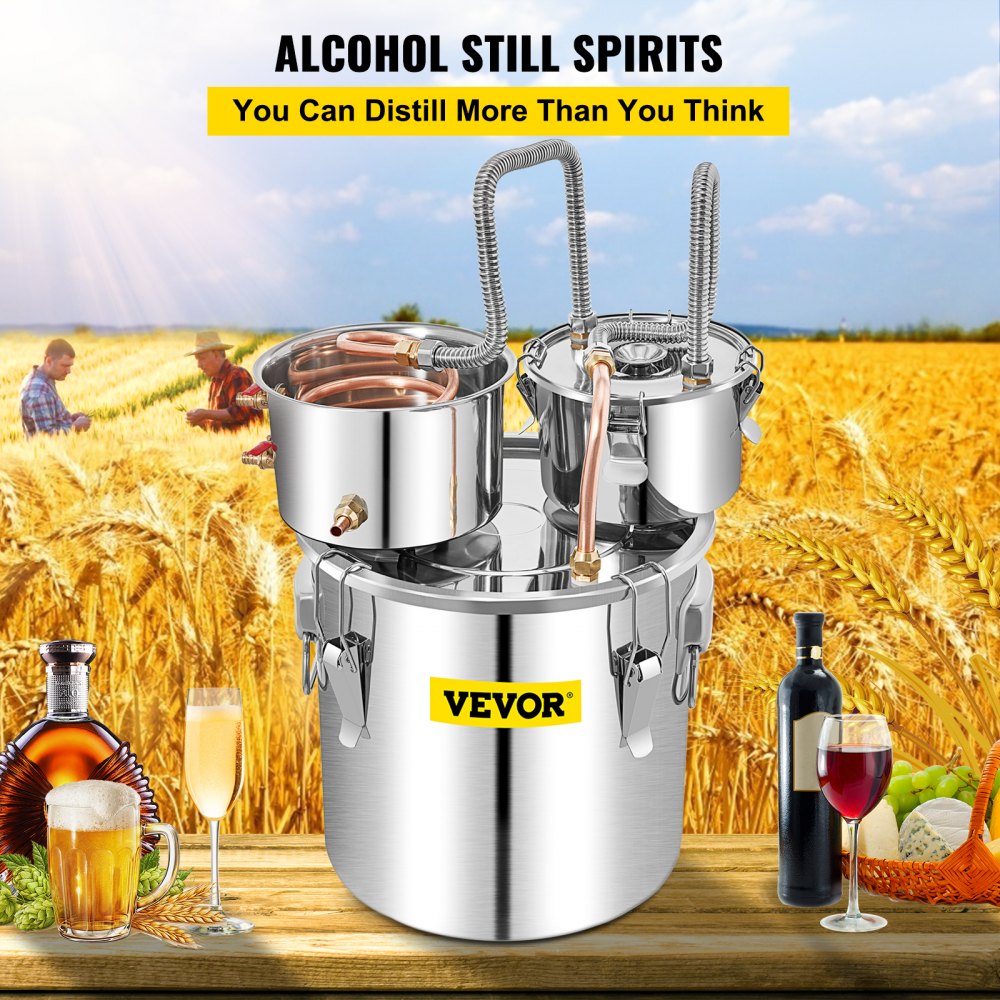 VEVOR Water Distiller, 13.2 Gal/50 L, Stainless Steel Distillery Kit with Copper Tube Built-in Thermometer, Home Broiler for DIY Brewing, Silver