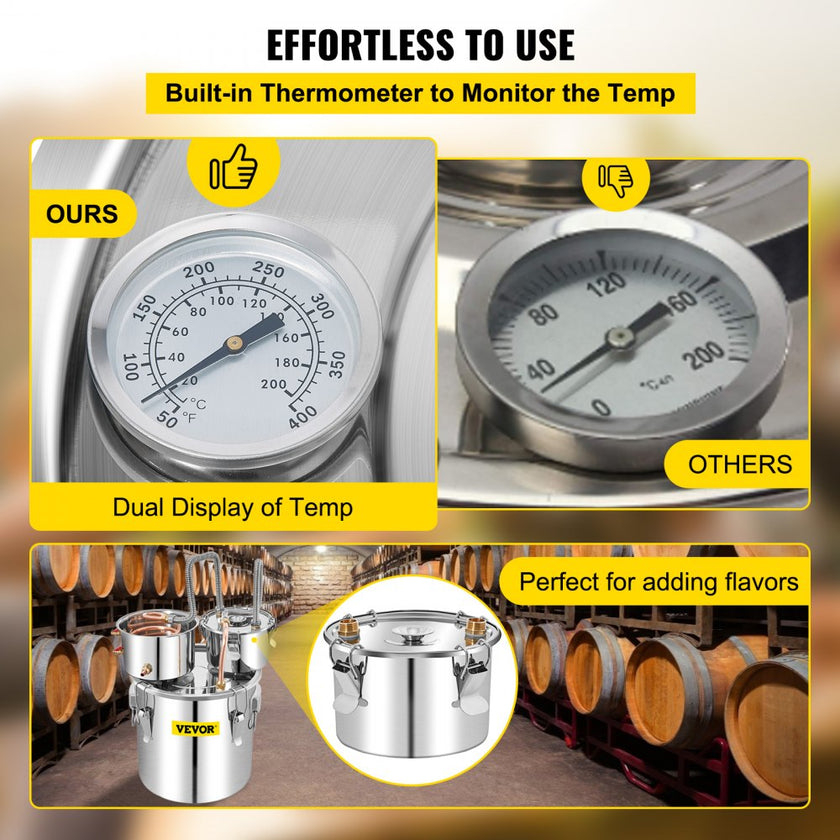 VEVOR Water Distiller, 13.2 Gal/50 L, Stainless Steel Distillery Kit with Copper Tube Built-in Thermometer, Home Broiler for DIY Brewing, Silver