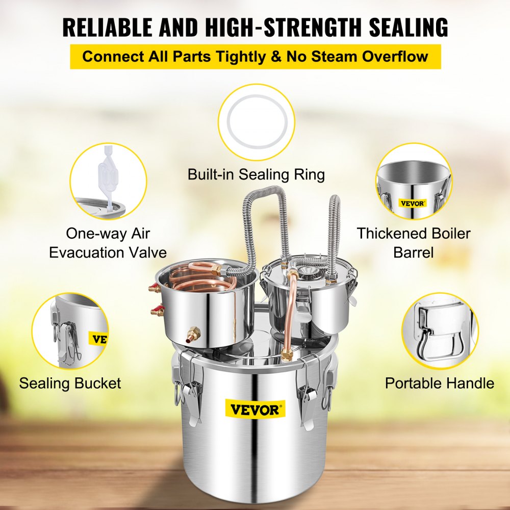 VEVOR Water Distiller, 13.2 Gal/50 L, Stainless Steel Distillery Kit with Copper Tube Built-in Thermometer, Home Broiler for DIY Brewing, Silver