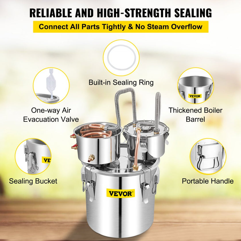 VEVOR Water Distiller, 13.2 Gal/50 L, Stainless Steel Distillery Kit with Copper Tube Built-in Thermometer, Home Broiler for DIY Brewing, Silver