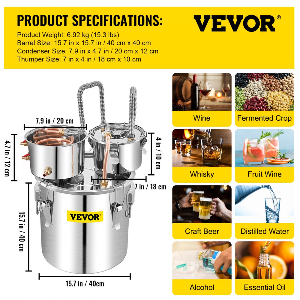VEVOR Water Distiller, 13.2 Gal/50 L, Stainless Steel Distillery Kit with Copper Tube Built-in Thermometer, Home Broiler for DIY Brewing, Silver