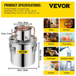 VEVOR Water Distiller 3Gal Still Distiller Copper Tube with Circulating Pump Home DIY Brewing Kit Build-in Thermometer, Stainless Steel Bucket 12L