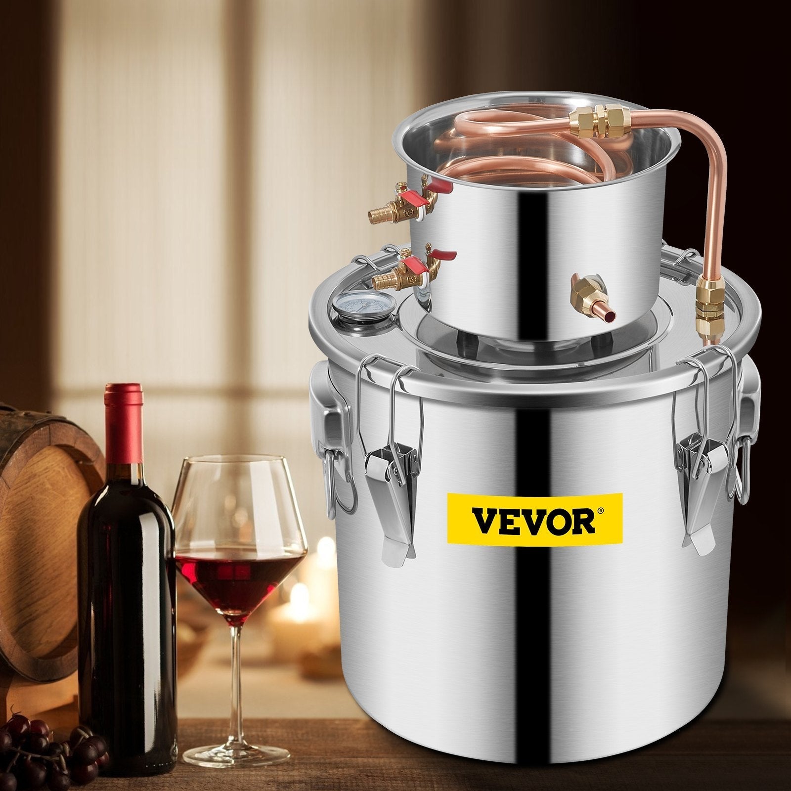 VEVOR Water Distiller 3Gal Still Distiller Copper Tube with Circulating Pump Home DIY Brewing Kit Build-in Thermometer, Stainless Steel Bucket 12L