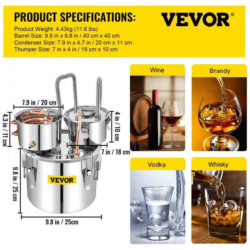 VEVOR Moonshine Still Distiller 3Gal 12L Stainless Steel Water Distiller Copper Tube with Circulating Pump Home Brewing Kit Build-in Thermometer for DIY Whisky Wine Brandy Spirits