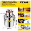 VEVOR 12L Water Alcohol Distiller 3GAL Copper Wine Making Boiler Multi Home DIY Brewing Distilling Kit for Fruit Wine, Water, Brandy, And Refining Plant Extracts
