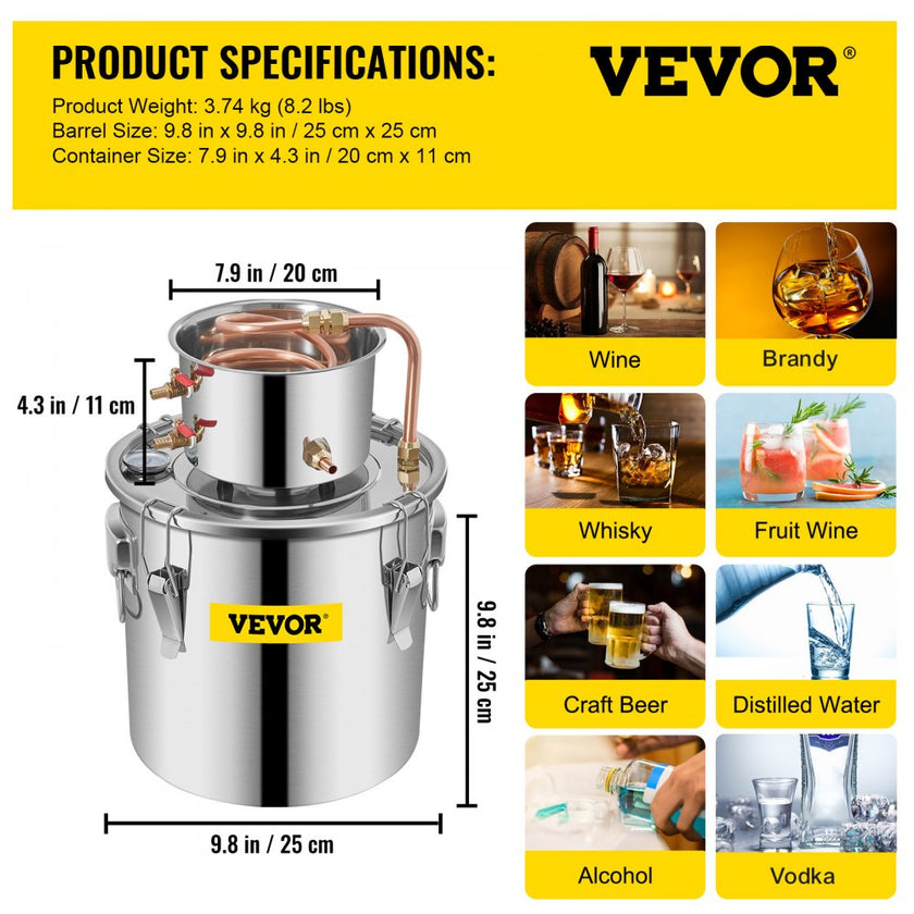 VEVOR 12L Water Alcohol Distiller 3GAL Copper Wine Making Boiler Multi Home DIY Brewing Distilling Kit for Fruit Wine, Water, Brandy, And Refining Plant Extracts