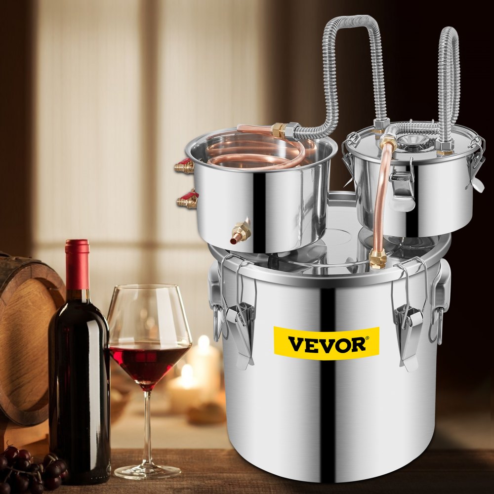 VEVOR Alcohol Still, 5 Gallon, Stainless Steel Alcohol Distiller with Copper Tube & Build-in Thermometer & Water Pump, Double Thumper Keg Home Brewing Kit, for DIY Whiskey Wine Brandy