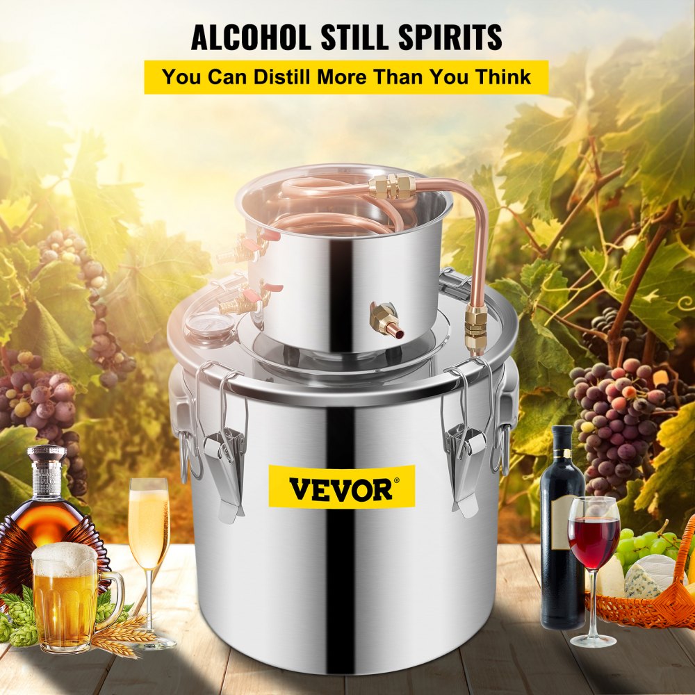 VEVOR Moonshine Still Distiller 5Gal 21L Stainless Steel Water Distiller Copper Tube Home Brewing Kit Build-in Thermometer for DIY Whisky Wine Brandy Sliver