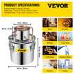 VEVOR Moonshine Still Distiller 5Gal 21L Stainless Steel Water Distiller Copper Tube Home Brewing Kit Build-in Thermometer for DIY Whisky Wine Brandy Sliver