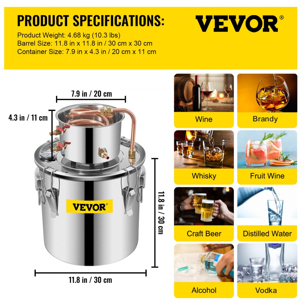 VEVOR Moonshine Still Distiller 5Gal 21L Stainless Steel Water Distiller Copper Tube Home Brewing Kit Build-in Thermometer for DIY Whisky Wine Brandy Sliver