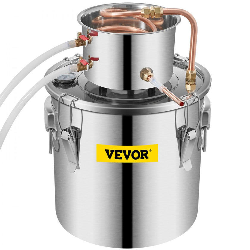 VEVOR Moonshine Still Distiller 5Gal 21L Stainless Steel Water Distiller Copper Tube Home Brewing Kit Build-in Thermometer for DIY Whisky Wine Brandy Sliver