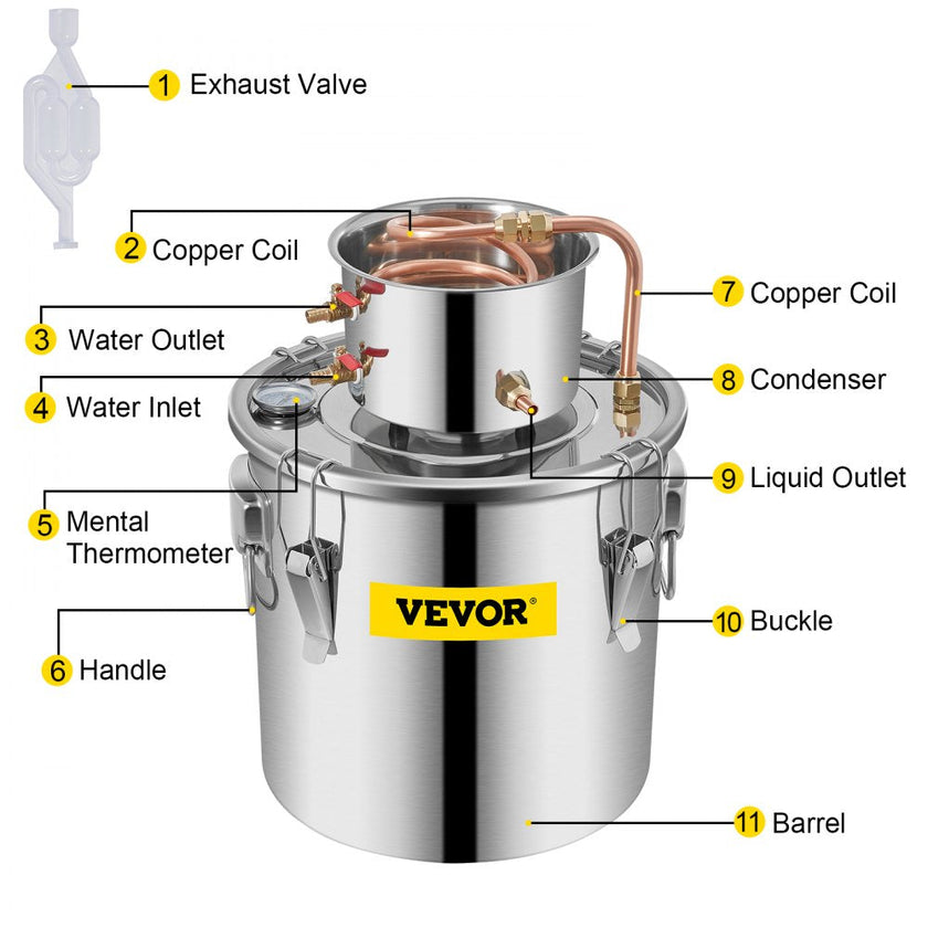 VEVOR Moonshine Still 9.6Gal 38L Stainless Steel Water Alcohol Distiller Copper Tube Home Brewing Kit Build-in Thermometer for DIY Whisky Wine Brandy, Sliver