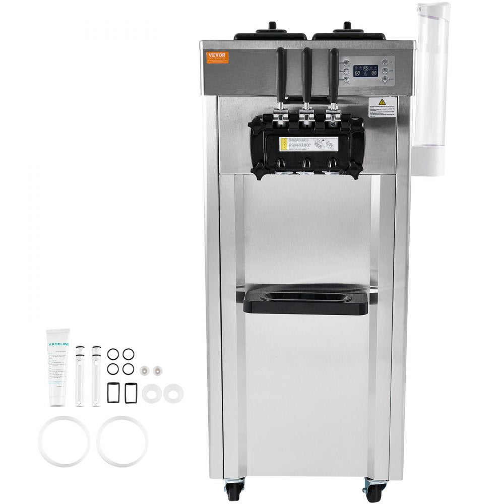VEVOR Commercial Ice Cream Machine, 21-31 L/H Yield, 1850W 3-Flavor Freestanding Soft Serve Ice Cream Maker,  2 x 4.3L Stainless Steel Hopper, LED Panel Auto Clean Overnight Refrigeration, for Restaur
