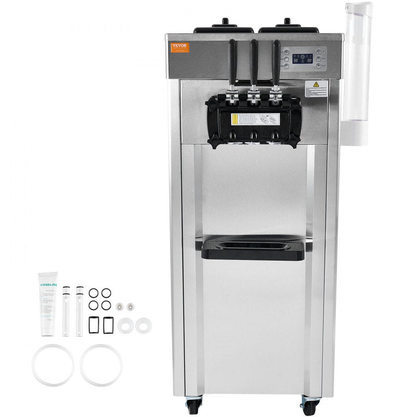 VEVOR Commercial Ice Cream Machine, 21-31 L/H Yield, 1850W 3-Flavor Freestanding Soft Serve Ice Cream Maker,  2 x 4.3L Stainless Steel Hopper, LED Panel Auto Clean Overnight Refrigeration, for Restaur