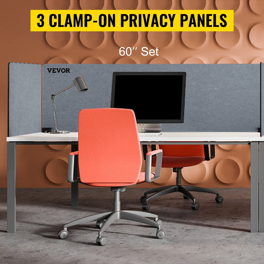 VEVOR Desk Divider 60'' Desk Privacy Panel, 3 Panels Privacy Acoustic Panel, Sound Absorbing Acoustic Privacy Panel, Reduce Noise and Visual Distractions, Lightweight Clamp-on Divider Light Gray