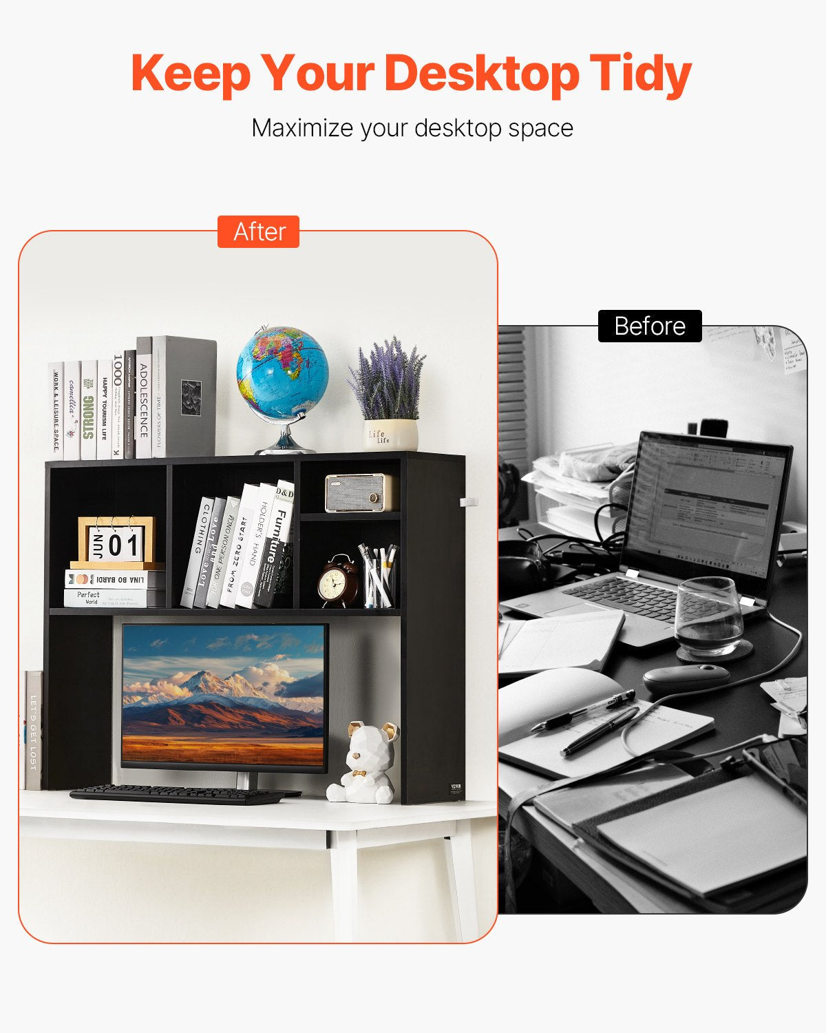VEVOR Desktop Bookshelf Black Desktop Storage Organizer 1-Tier for Office & Home