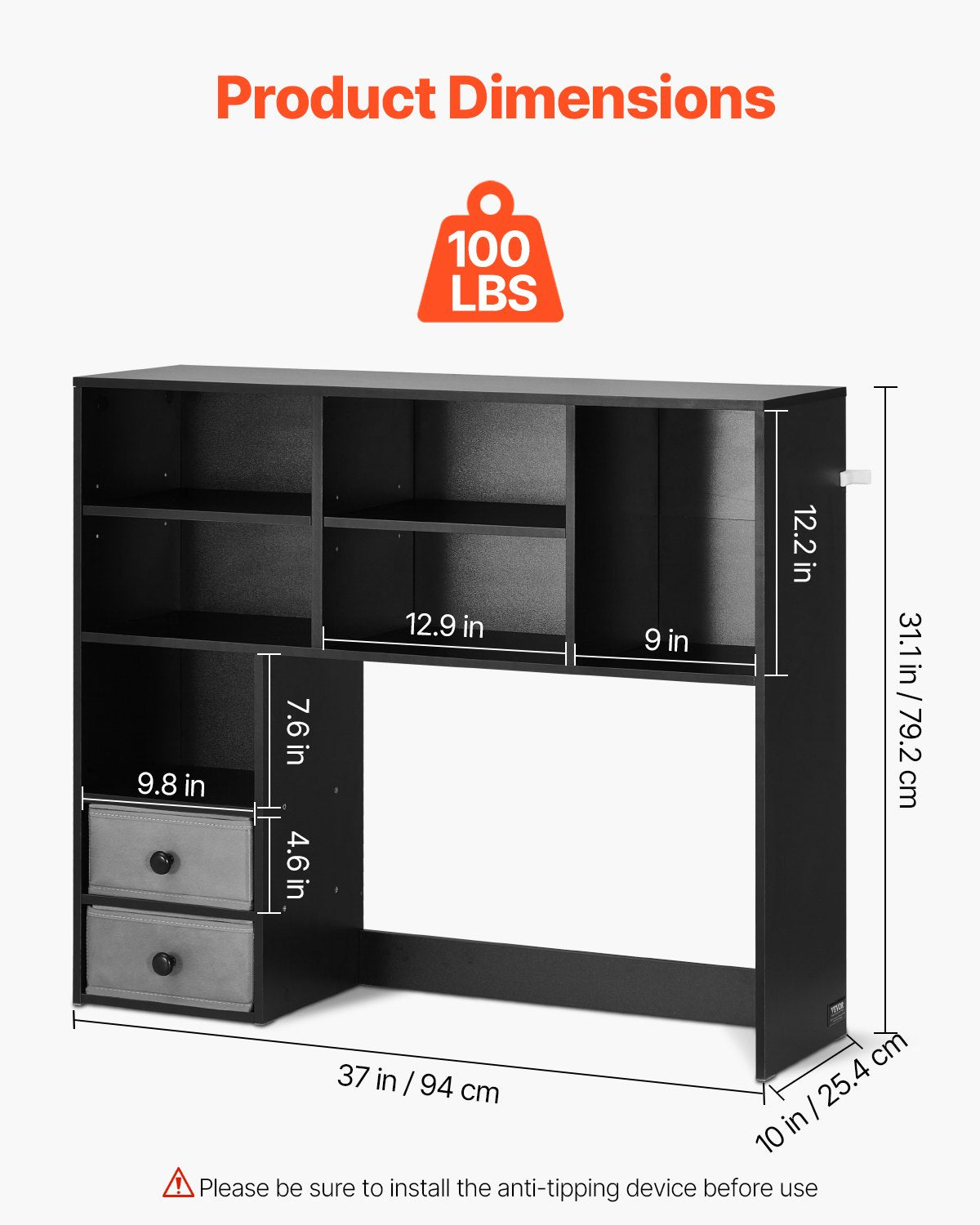 VEVOR Desktop Bookshelf Black Desktop Storage Organizer 3-Tier for Office & Home