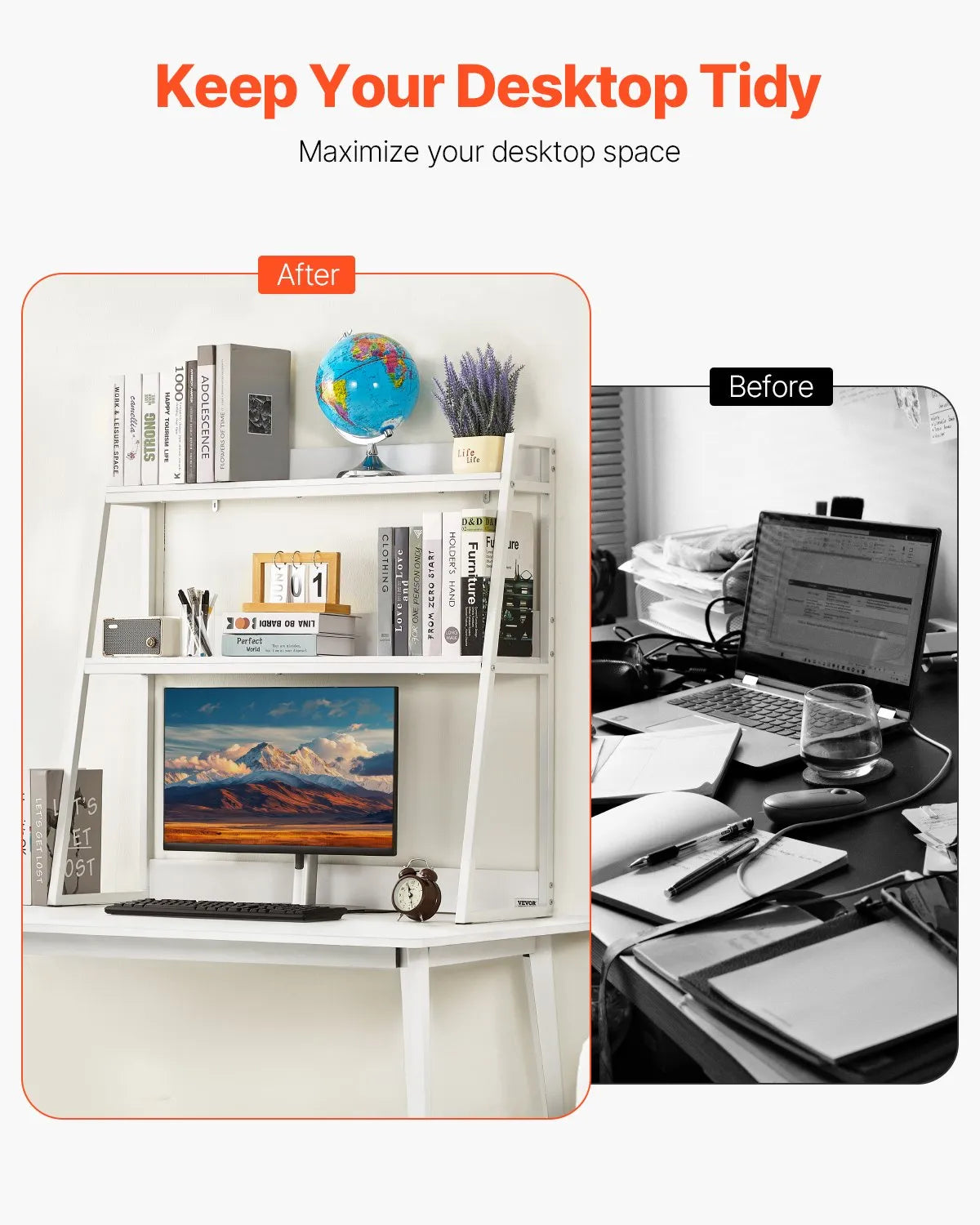 VEVOR Desktop Bookshelf Desktop Storage Organizer 2-Tier for Office & Home White