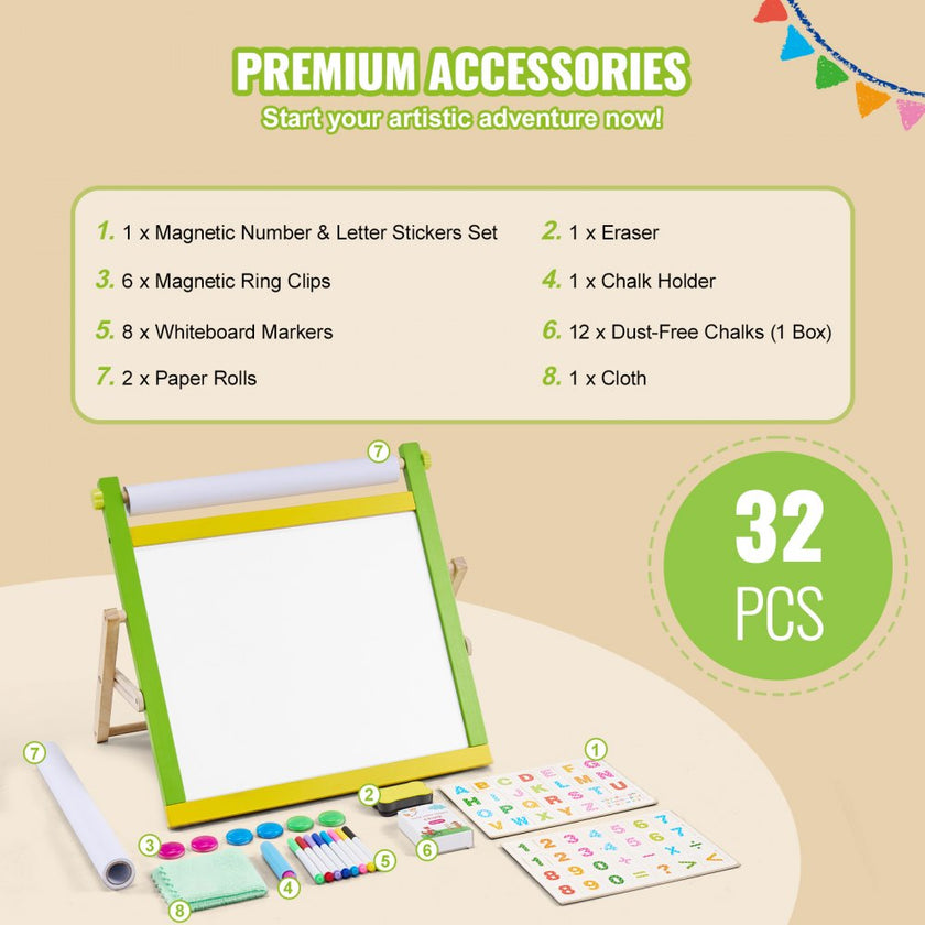 VEVOR 3-in-1 Tabletop Kids Art Easel Double-Sided Magnetic Whiteboard Chalkboard
