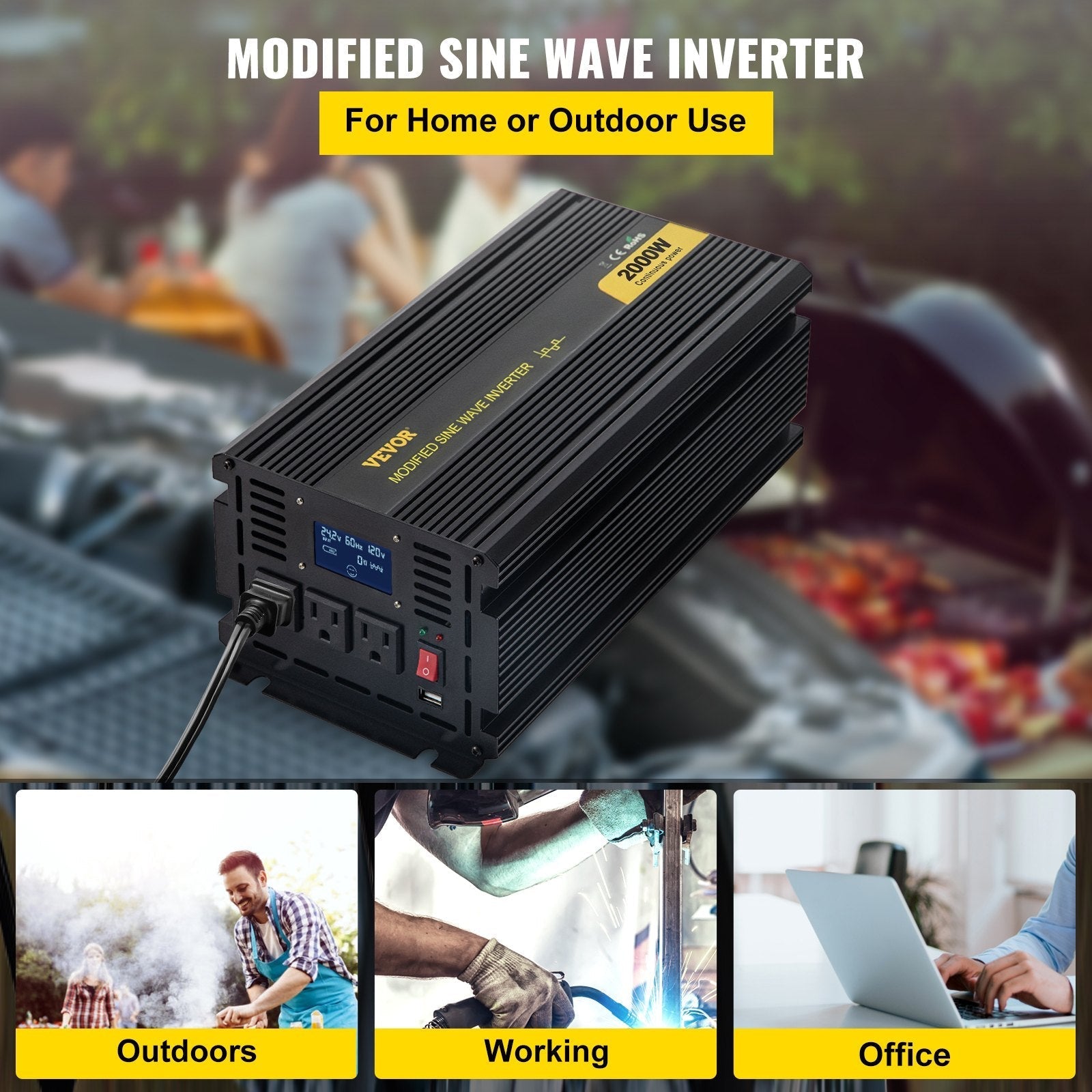 VEVOR Power Inverter, 2000W Modified Sine Wave Inverter, DC 12V to AC 120V Car Converter, with LCD Screen, Remote Controller, LED Indicator, AC Outlets Inverter for Truck RV Car Boat Travel Camping