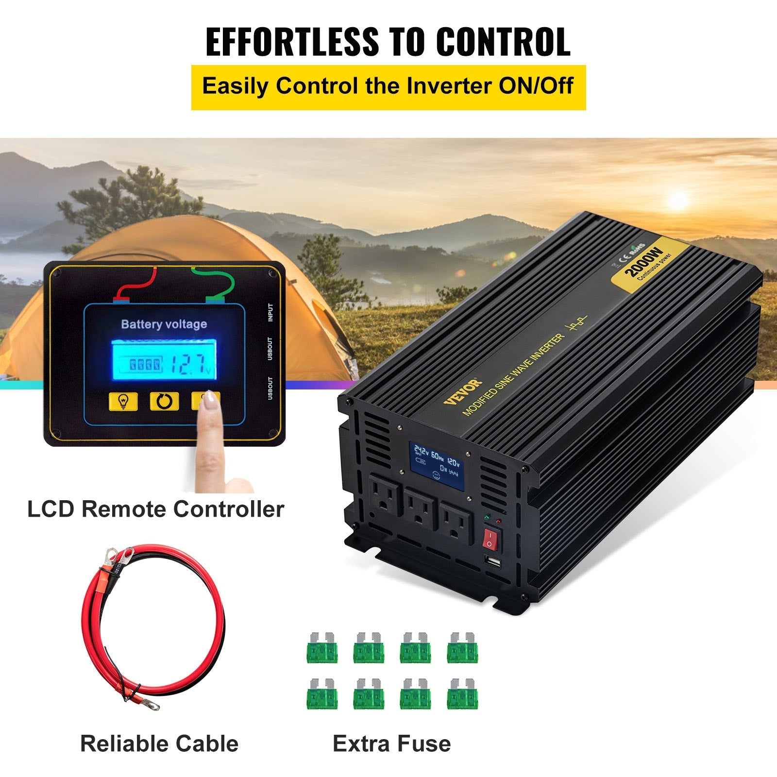 VEVOR Power Inverter, 2000W Modified Sine Wave Inverter, DC 12V to AC 120V Car Converter, with LCD Screen, Remote Controller, LED Indicator, AC Outlets Inverter for Truck RV Car Boat Travel Camping