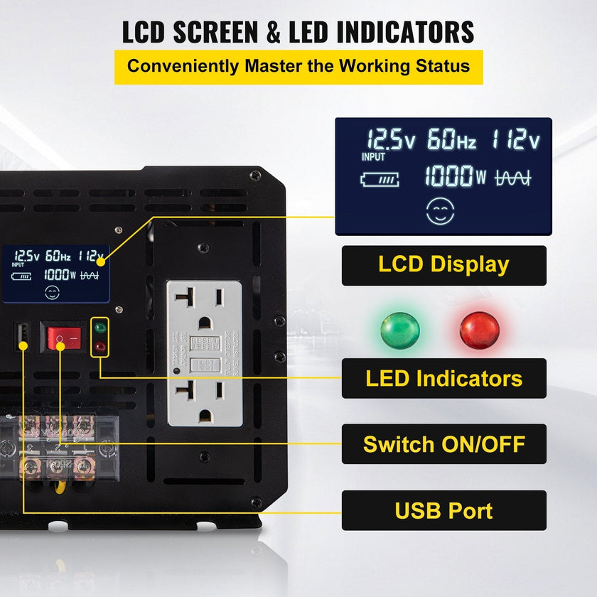 VEVOR Power Inverter, 5000W Modified Sine Wave Inverter, DC 12V to AC 110V Car Converter, with LCD Display, Remote Controller, LED Indicator, GFCI Outlets Inverter for Truck RV Car Boat Travel Camping