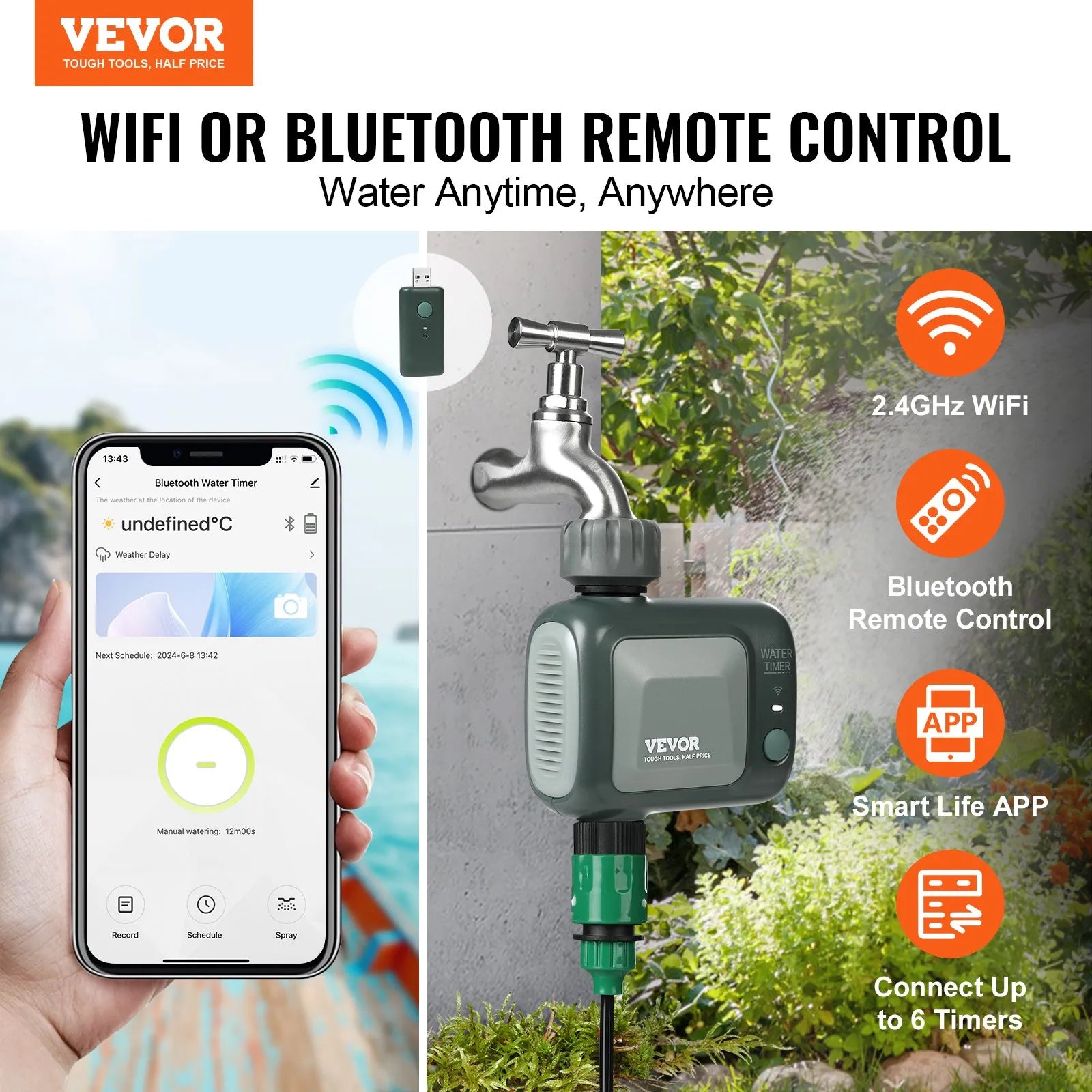 VEVOR WiFi Sprinkler Timer Single Outlet Smart Hose Faucet Water Timer Bluetooth