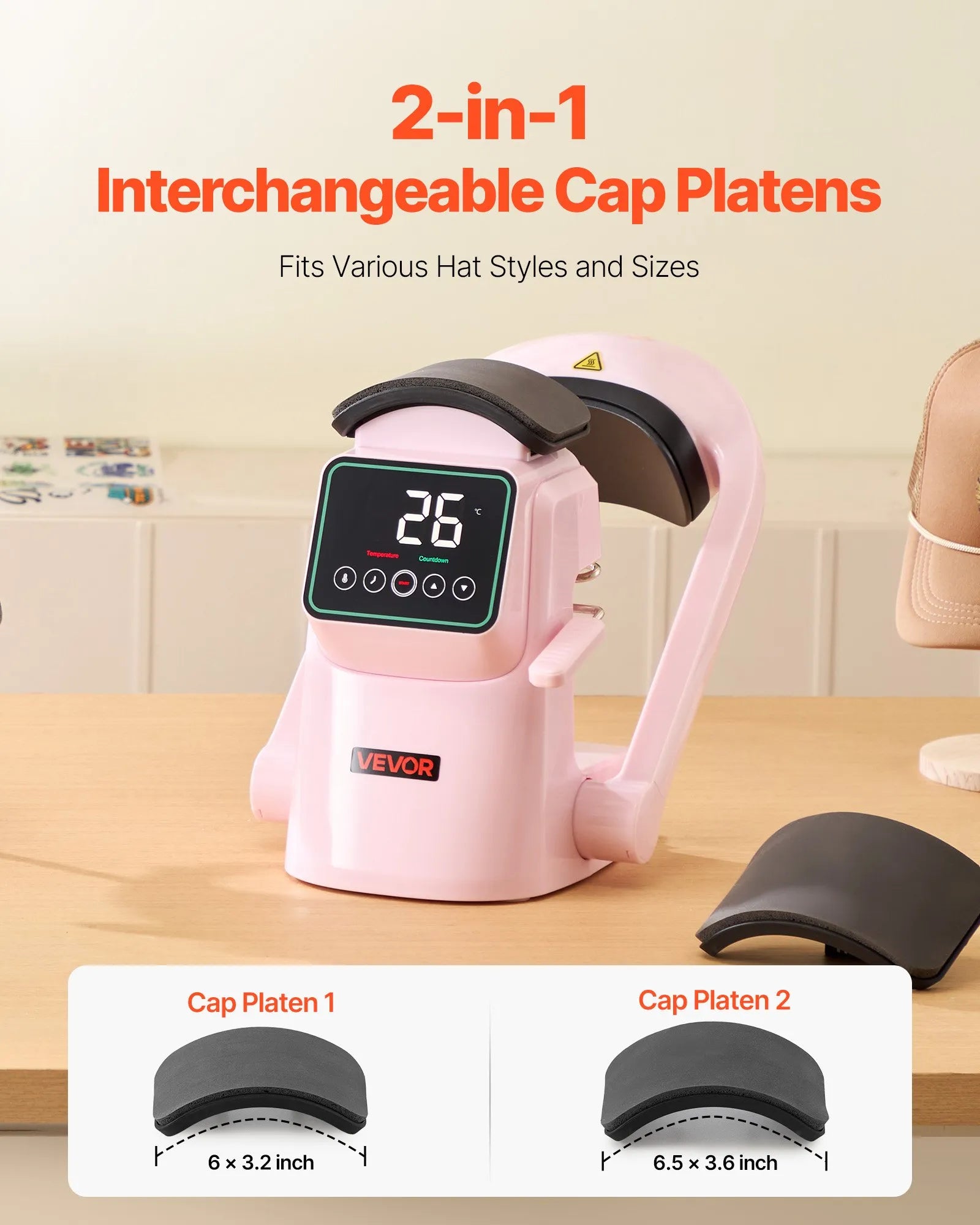 VEVOR Auto Hat Heat Press Machine 2pcs Interchangeable Platens Touchscreen Pink