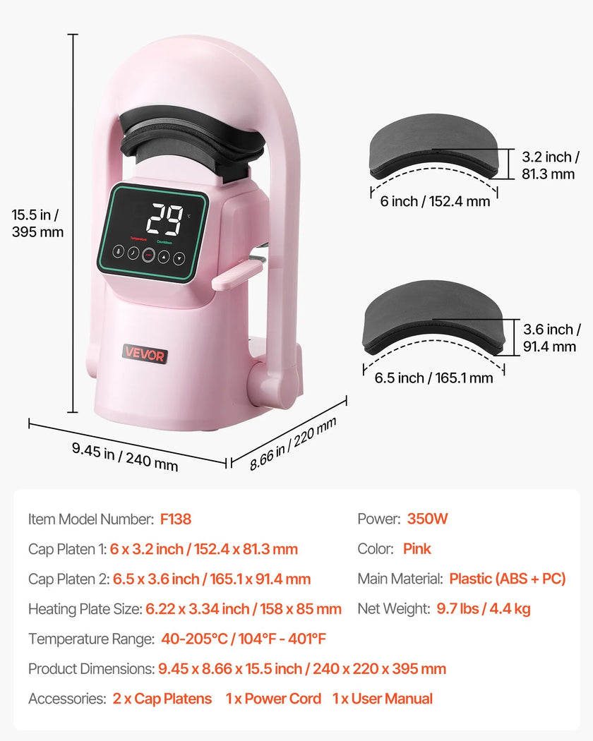 VEVOR Auto Hat Heat Press Machine 2pcs Interchangeable Platens Touchscreen Pink