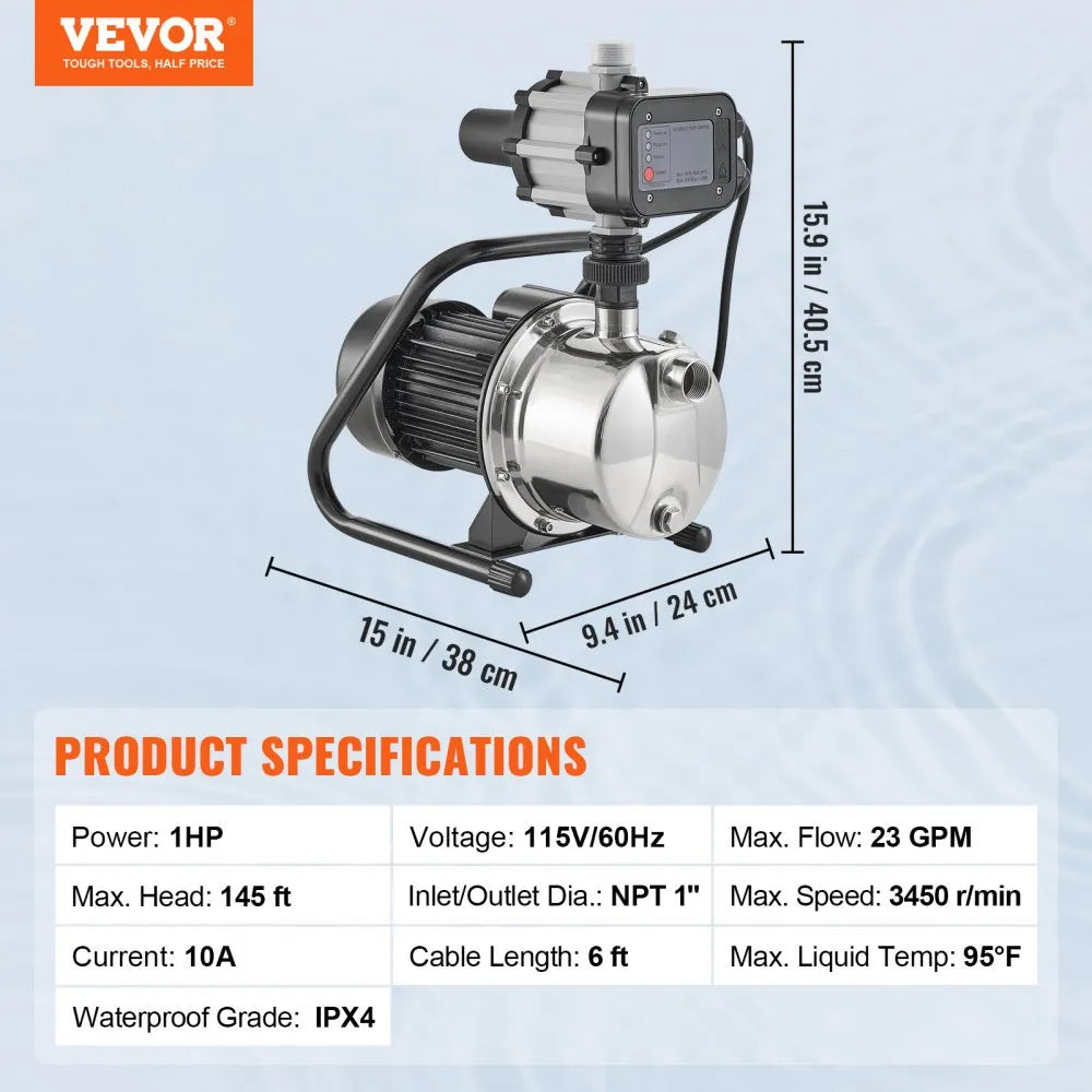 VEVOR Shallow Well Pump, 1 HP 115V, 1200 GPH 164 ft Head, Max 87 psi, Portable Stainless Steel Sprinkler Booster Jet Pumps with Automatic Controller for Garden Lawn Irrigation system, Water Transfer