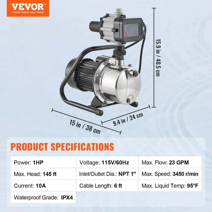 VEVOR Shallow Well Pump, 1 HP 115V, 1200 GPH 164 ft Head, Max 87 psi, Portable Stainless Steel Sprinkler Booster Jet Pumps with Automatic Controller for Garden Lawn Irrigation system, Water Transfer