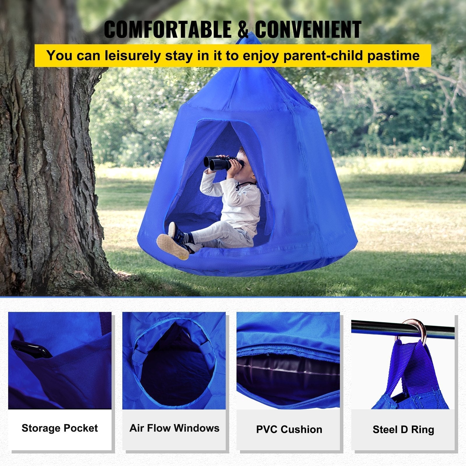 VEVOR Hanging Tree Tent, Max. 440lbs Capacity Tree Tent Swing, Hangout Hugglepod with LED Rainbow Decoration Lights Inflatable Cushion, Ceiling Hammock Tent Suit for Kids & Adult Indoor Outdoor, Blue