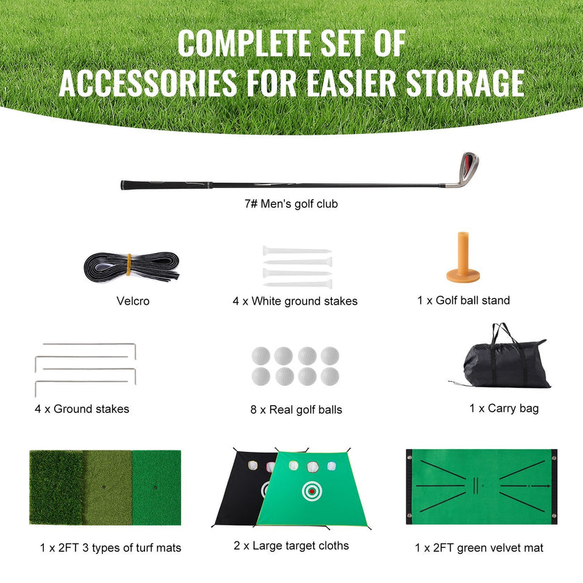 VEVOR Golf Net, 10x7ft All in 1 Practice Net, Indoor Outdoor Home Golf Swing Training, Golf Hitting Aid Net with Target/Turf Mats/Balls/Tee/Golf Club/Bag, for Backyard Driving Chipping, Gift for Men