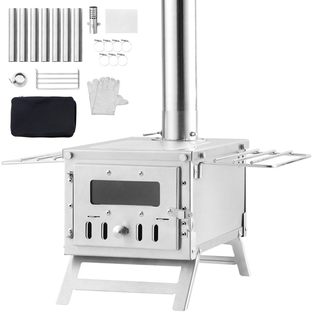 VEVOR Wood Stove, 80 inch, Stainless Steel Camping Tent Stove, Portable Wood Burning Stove with Chimney Pipes & Gloves, 700in³Firebox Hot Tent Stove for Outdoor Cooking and Heating with 8 Pipes