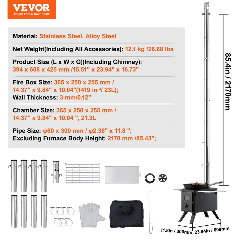 VEVOR Wood Stove, 86 inch, Alloy Steel Camping Tent Stove, Portable Wood Burning Stove with Chimney Pipes & Gloves, 1400in³Firebox Hot Tent Stove for Outdoor Cooking and Heating with 8 Pipes