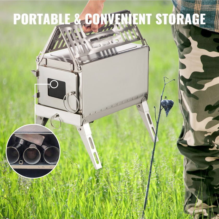 VEVOR Tent Wood Stove 18.3x15x14.17 inch, Camping Wood Stove 304 Stainless Steel With Folding Pipe, Portable Wood Stove 90.6 inch Total Height For Camping, Tent Heating, Hunting, Outdoor Cooking