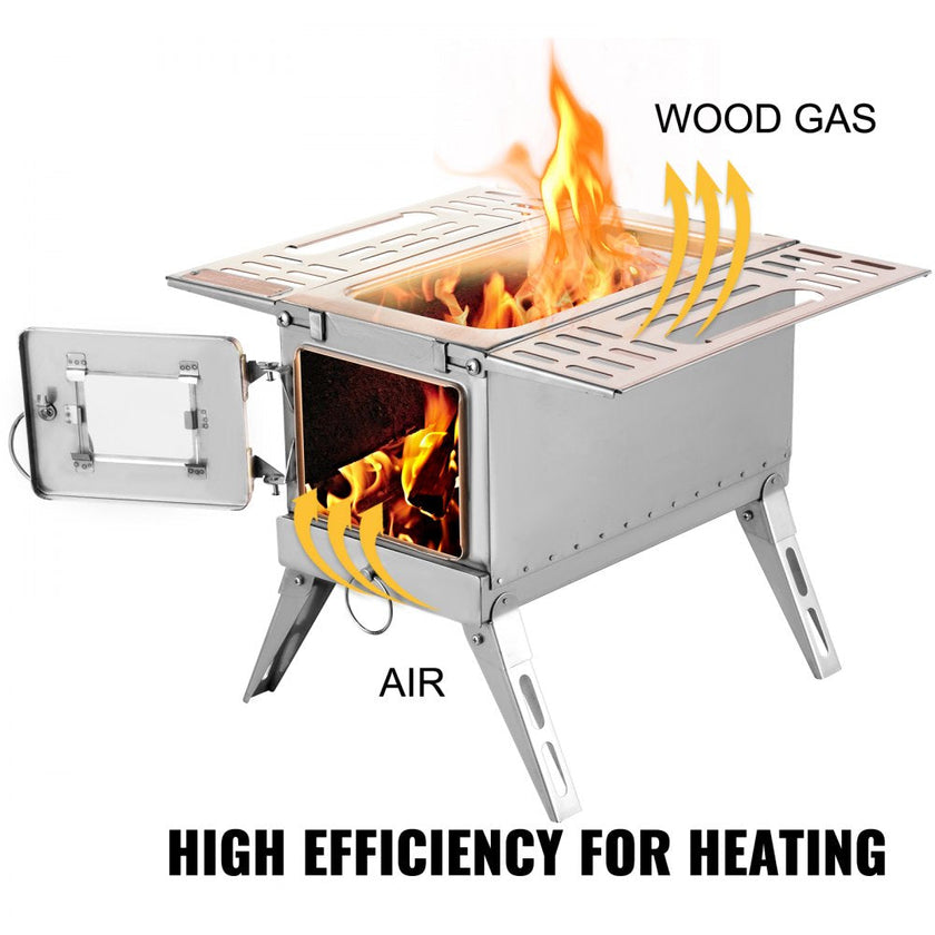 VEVOR Tent Wood Stove 18.3x15x14.17 inch, Camping Wood Stove 304 Stainless Steel With Folding Pipe, Portable Wood Stove 90.6 inch Total Height For Camping, Tent Heating, Hunting, Outdoor Cooking