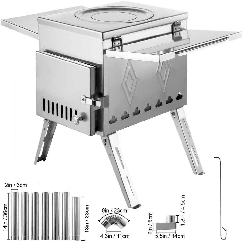 VEVOR Tent Wood Stove 18.1x15x27.2 inch, Camping Wood Stove 304 Stainless Steel With Folding Pipe, Portable Wood Stove 113 inch Total Height For Camping, Tent Heating, Hunting, Outdoor Cooking