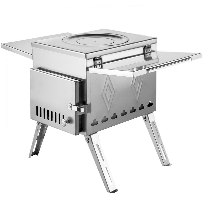 VEVOR Tent Wood Stove 18.1x15x27.2 inch, Camping Wood Stove 304 Stainless Steel With Folding Pipe, Portable Wood Stove 113 inch Total Height For Camping, Tent Heating, Hunting, Outdoor Cooking
