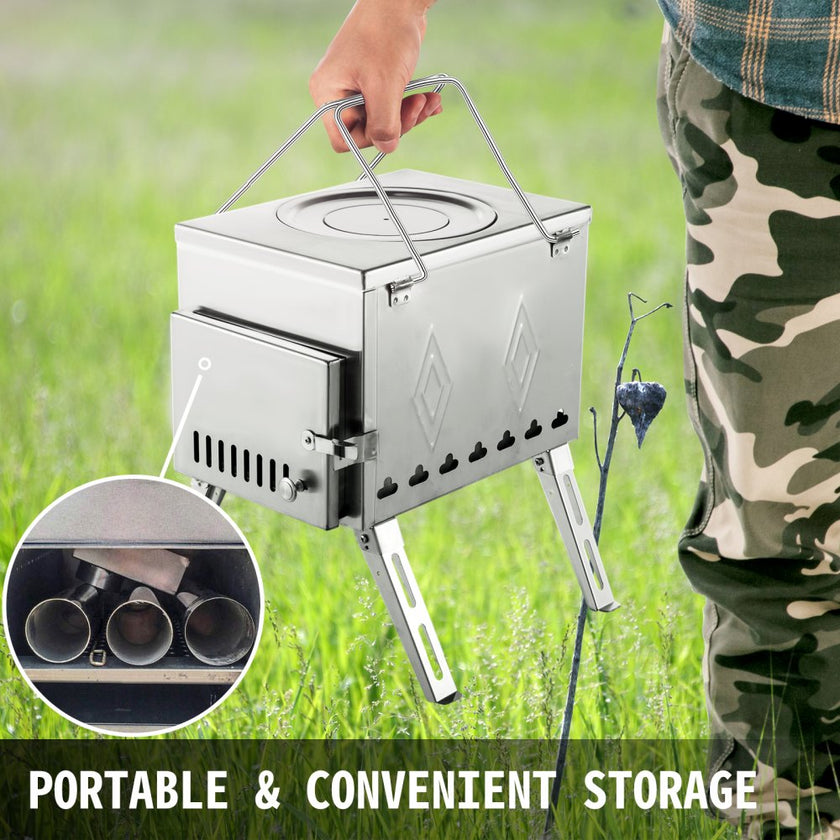 VEVOR Tent Wood Stove 18.1x15x27.2 inch, Camping Wood Stove 304 Stainless Steel With Folding Pipe, Portable Wood Stove 113 inch Total Height For Camping, Tent Heating, Hunting, Outdoor Cooking