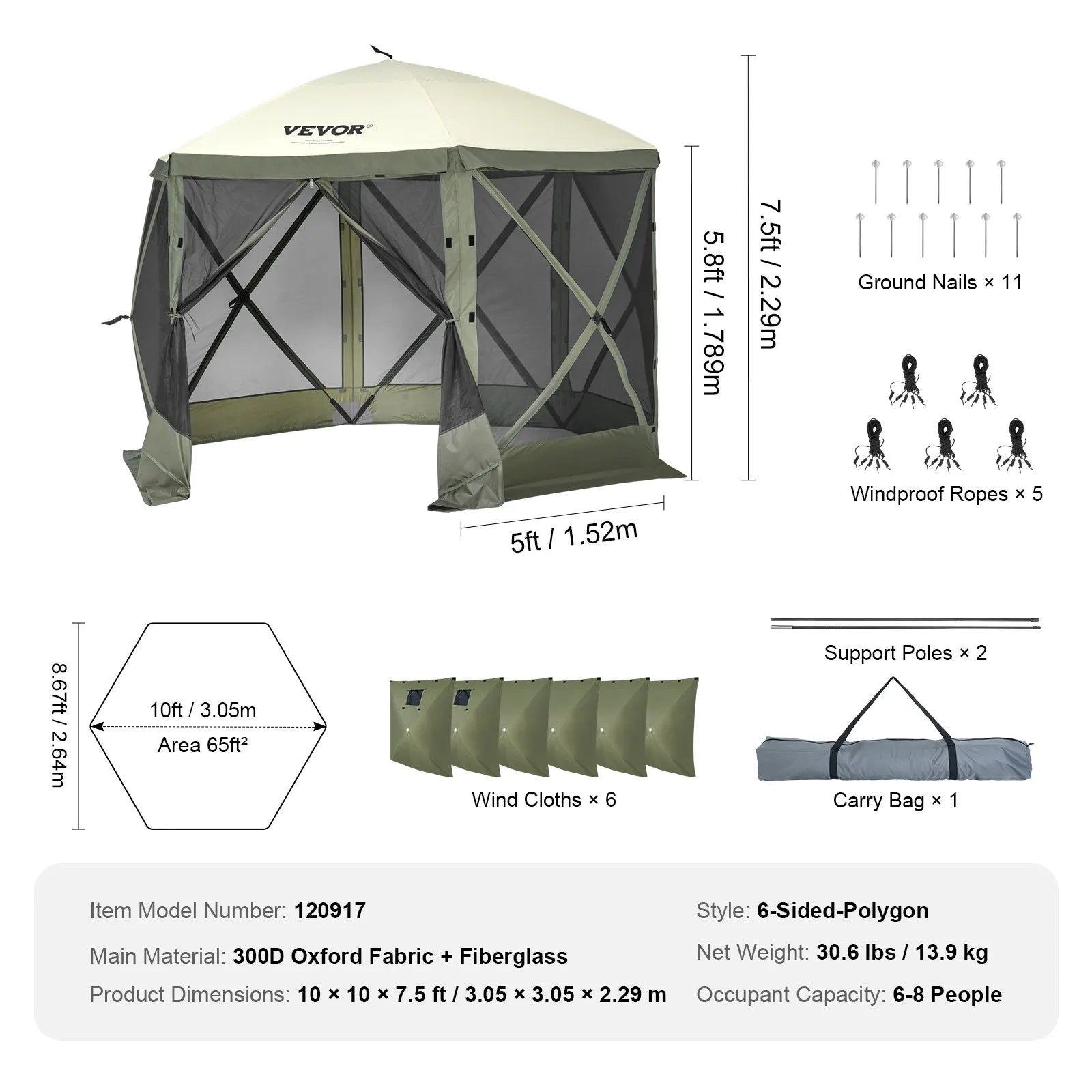 VEVOR Pop Up Gazebo Tent, Pop-Up Screen Tent 6 Sided Canopy Sun Shelter with 6 Removable Privacy Wind Cloths & Mesh Windows, 10x10FT Quick Set Screen Tent with Mosquito Netting, Army Green
