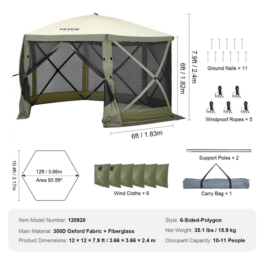 VEVOR Pop Up Gazebo Tent, Pop-Up Screen Tent 6 Sided Canopy Sun Shelter with 6 Removable Privacy Wind Cloths & Mesh Windows, 12x12FT Quick Set Screen Tent with Mosquito Netting, Army Green