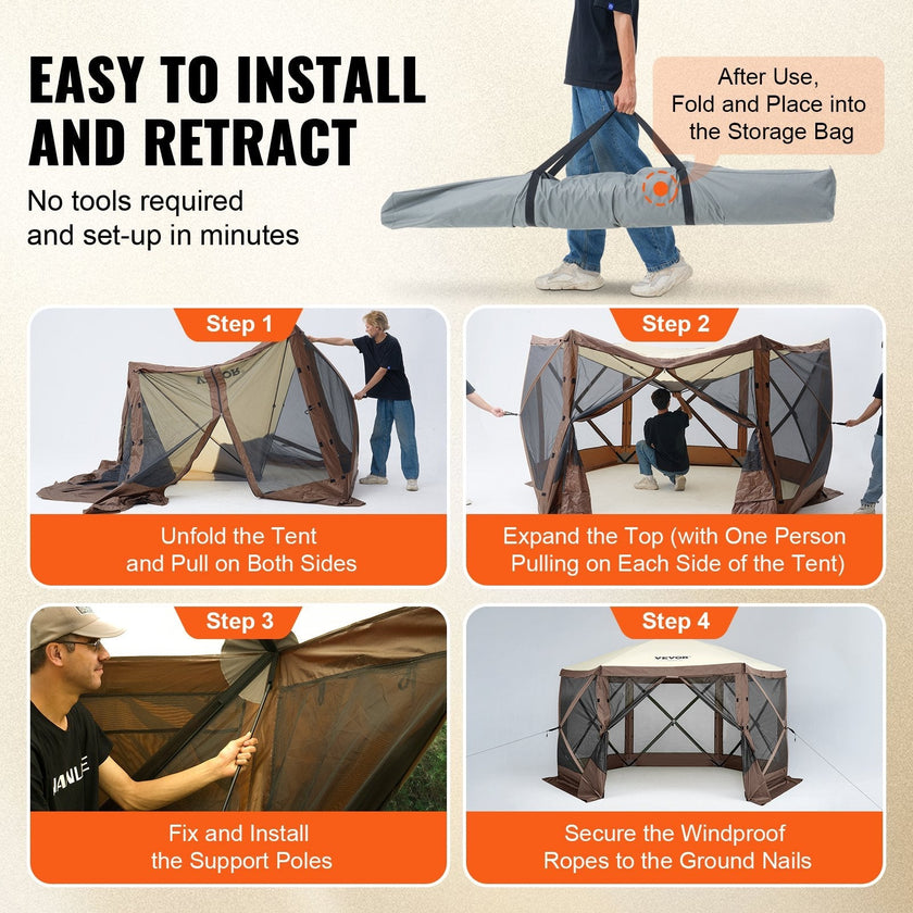 VEVOR Pop Up Gazebo Tent, Pop-Up Screen Tent 6 Sided Canopy Sun Shelter with 6 Removable Privacy Wind Cloths & Mesh Windows, 12.5x12.5FT Quick Set Screen Tent with Mosquito Netting, Brown