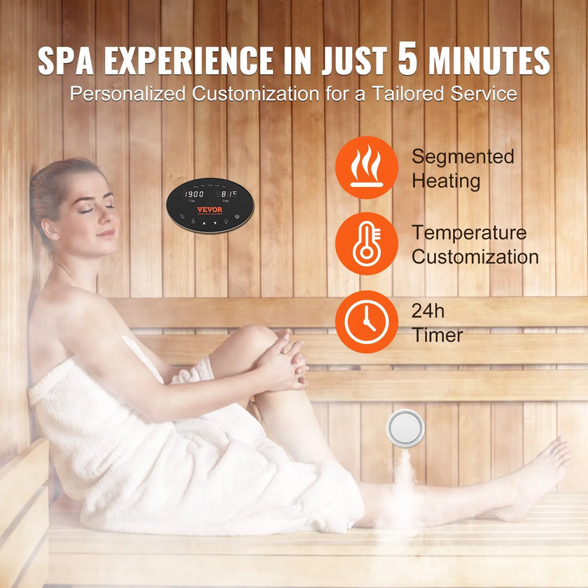VEVOR Steam Shower Generator, 15 kW, Segmented Heating & Temperature Customization & 24h Timer Steam Bath Kit, Automatic Drainage Luxury Home Steam Shower System, Acrylic Room Max. 530 Cu. Ft.