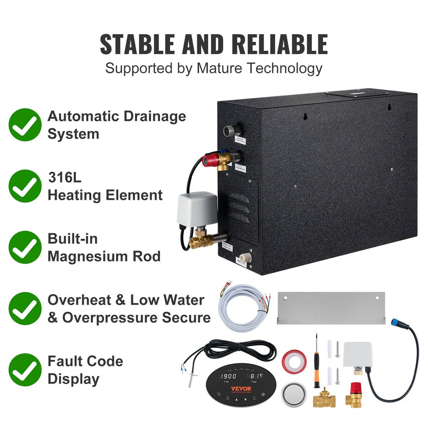 VEVOR Steam Shower Generator, 15 kW, Segmented Heating & Temperature Customization & 24h Timer Steam Bath Kit, Automatic Drainage Luxury Home Steam Shower System, Acrylic Room Max. 530 Cu. Ft.