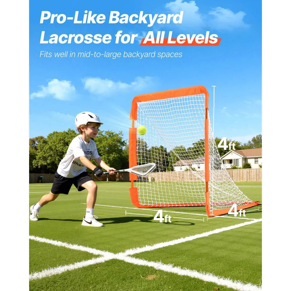 VEVOR Lacrosse Goal, 4' x 4' Small Kids Lacrosse Net, Folding Portable Lacrosse Goal with Carry Bag, Iron Frame Backyard Training Equipment, Quick & Easy Setup, Perfect for Youth Training, Orange