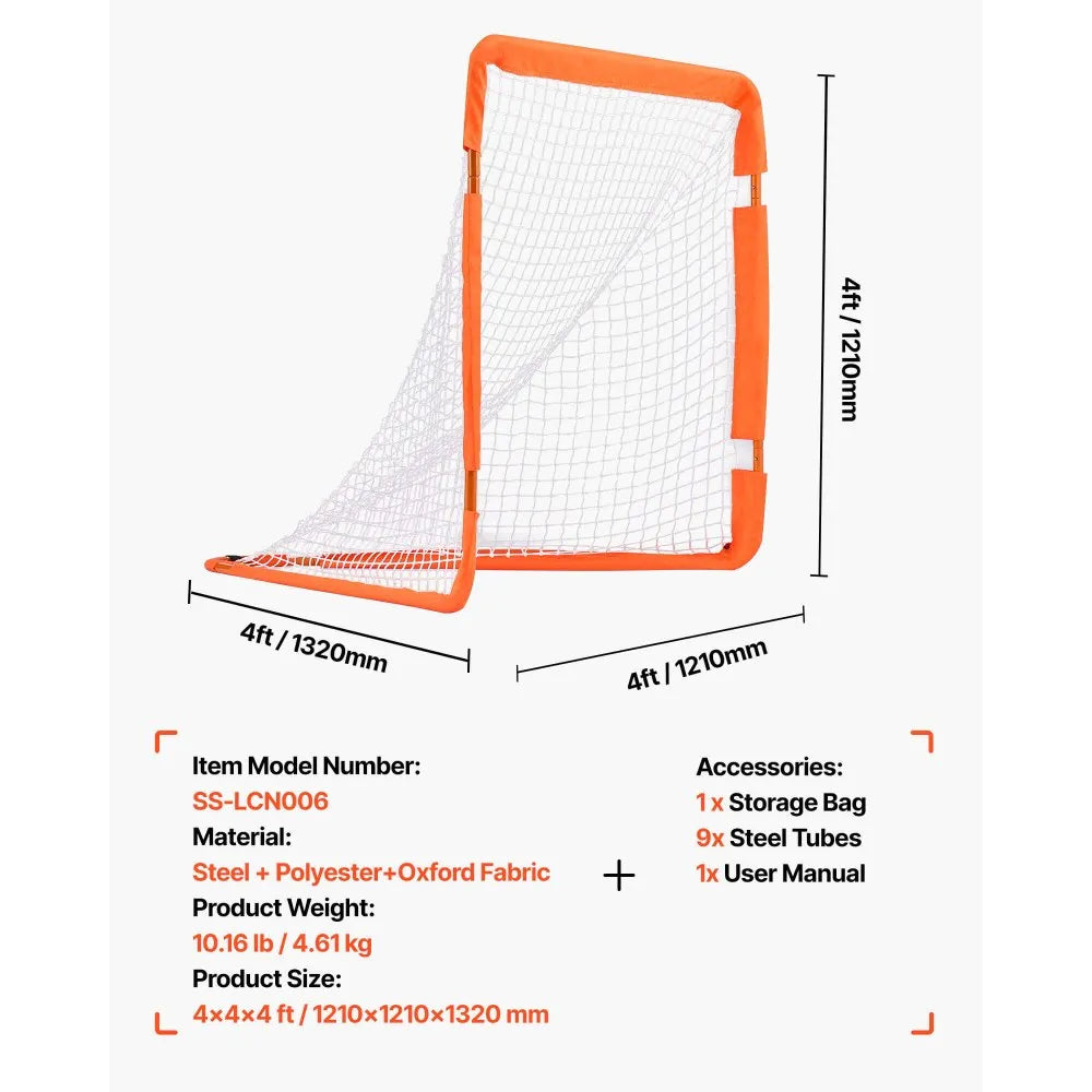 VEVOR Lacrosse Goal, 4' x 4' Small Kids Lacrosse Net, Folding Portable Lacrosse Goal with Carry Bag, Iron Frame Backyard Training Equipment, Quick & Easy Setup, Perfect for Youth Training, Orange