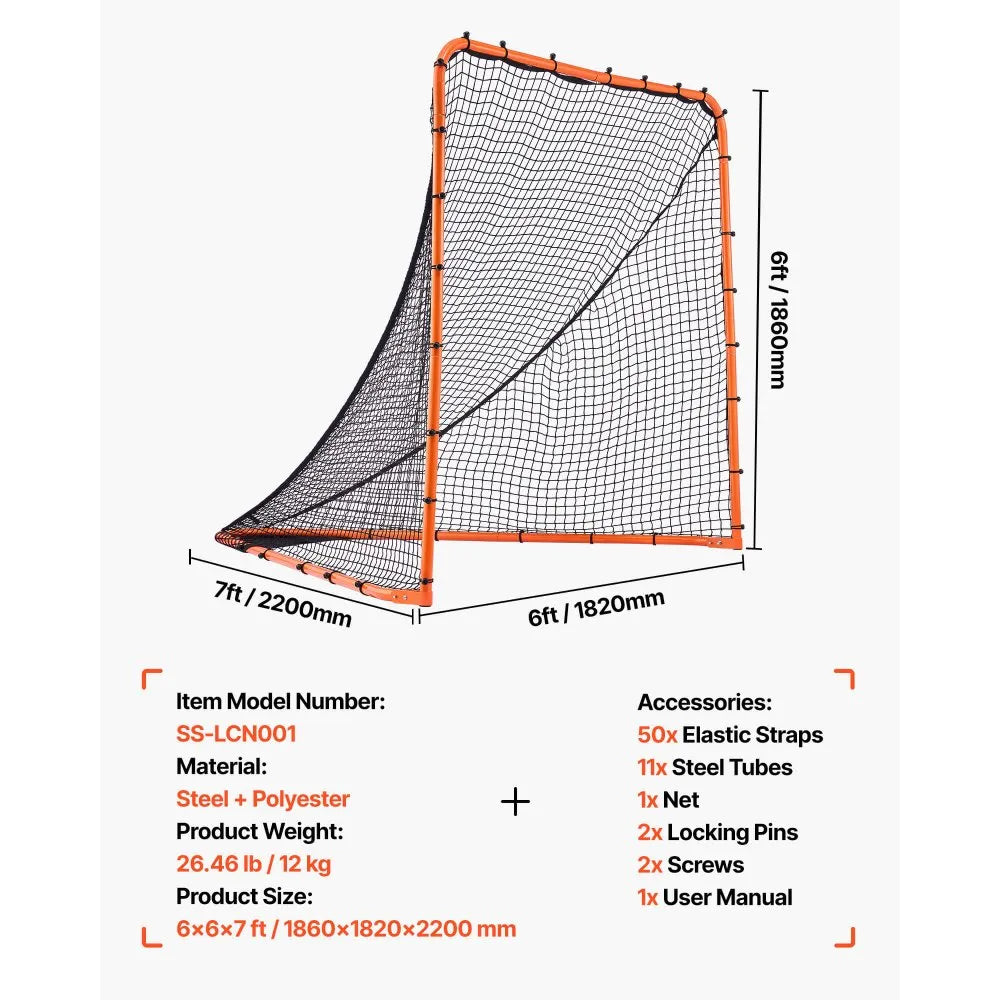 VEVOR Lacrosse Goal, 6' x 6' Lacrosse Net, Folding Portable Backyard Lacrosse Training Equipment, Steel Frame Training Net, Quick & Easy Setup Lacrosse Goal, Perfect for Youth Adult Training, Orange