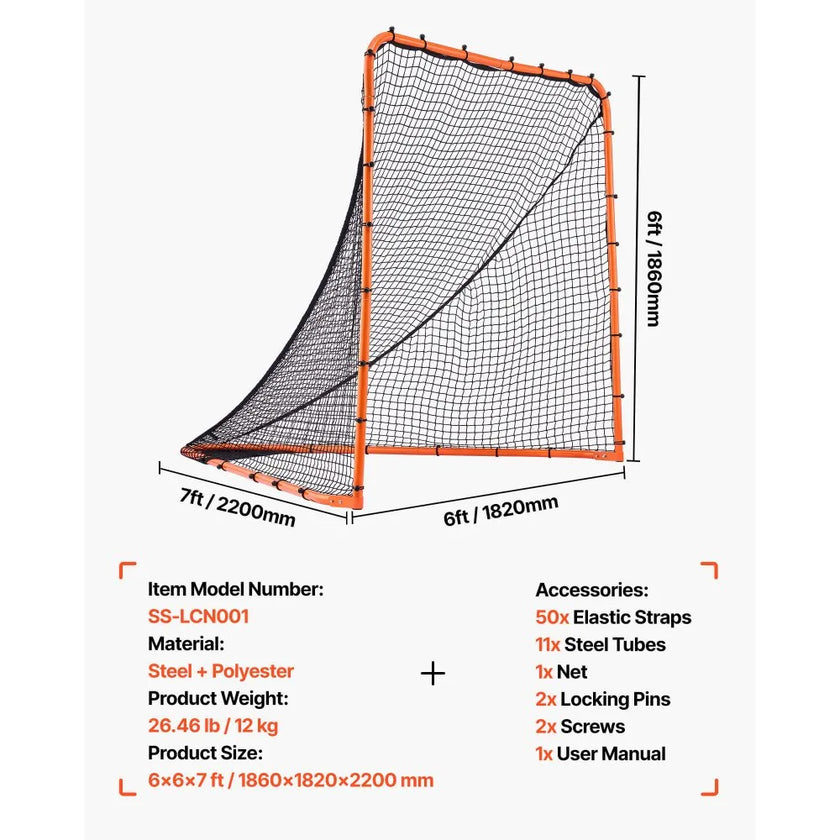 VEVOR Lacrosse Goal, 6' x 6' Lacrosse Net, Folding Portable Backyard Lacrosse Training Equipment, Steel Frame Training Net, Quick & Easy Setup Lacrosse Goal, Perfect for Youth Adult Training, Orange