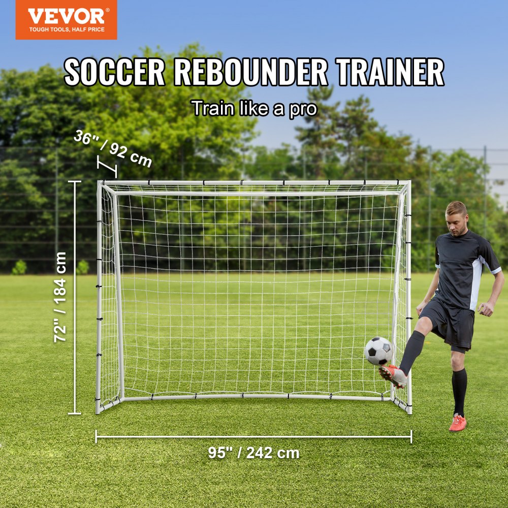 VEVOR Soccer Rebound Trainer, 8x6FT Iron Soccer Training Equipment, Sports Football Rebounder Wall with Double-Sided Rebounding Net & Goal, Perfect for Backyard Practicing, Solo Training, Passing
